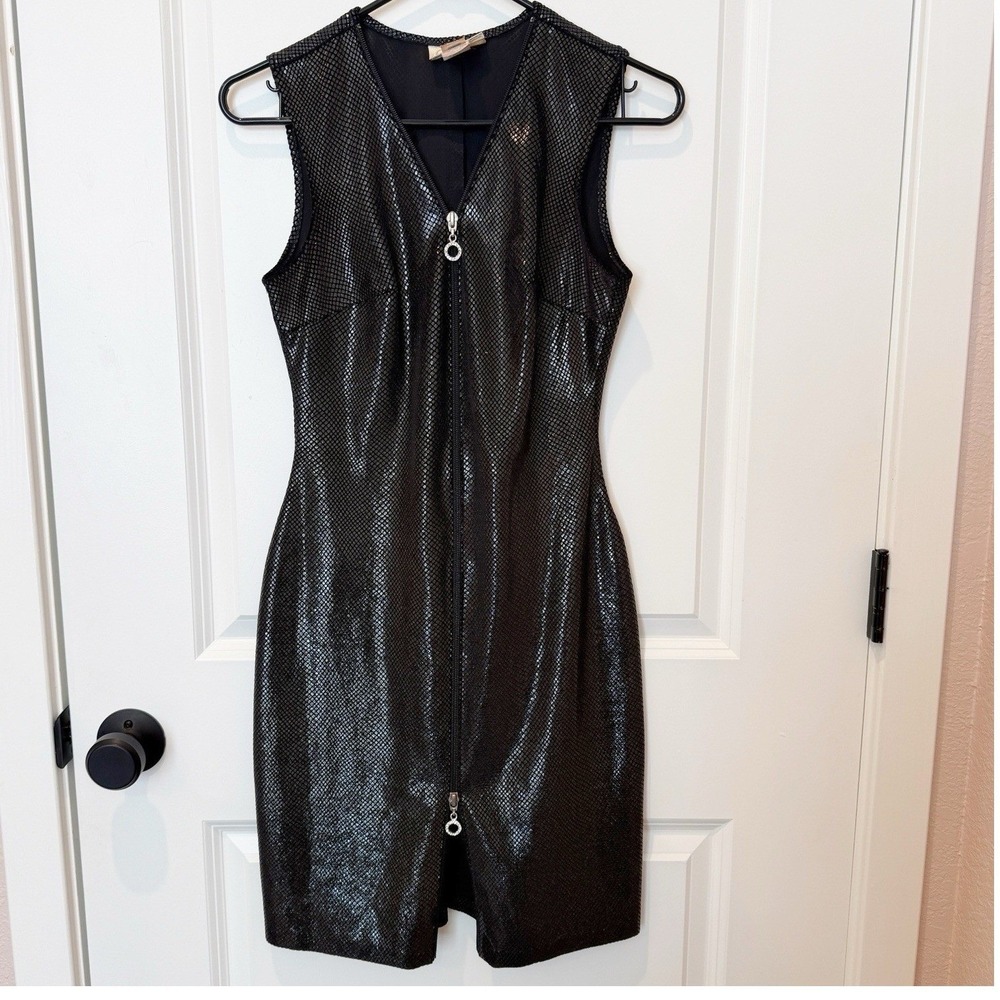 VTG Cache Y2K Zip Front Bodycon Dress Small Black Rave Party Cyber Goth
